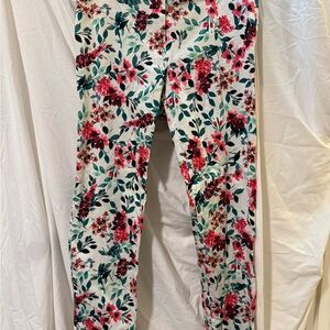 Calvin Klein White Pants with Red and Green Floral Design
